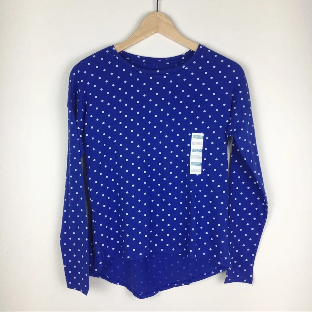 Old Navy‎ Kids Girls Size Large 10 12 Blue White Polka Dot Long Sleeve Shirt Top